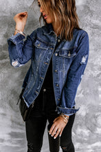 Load image into Gallery viewer, Lapel Distressed Raw Hem Buttons Denim Jacket
