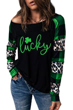 Load image into Gallery viewer, Lucky Clover Glitter Pattern Leopard Plaid Splicing Top
