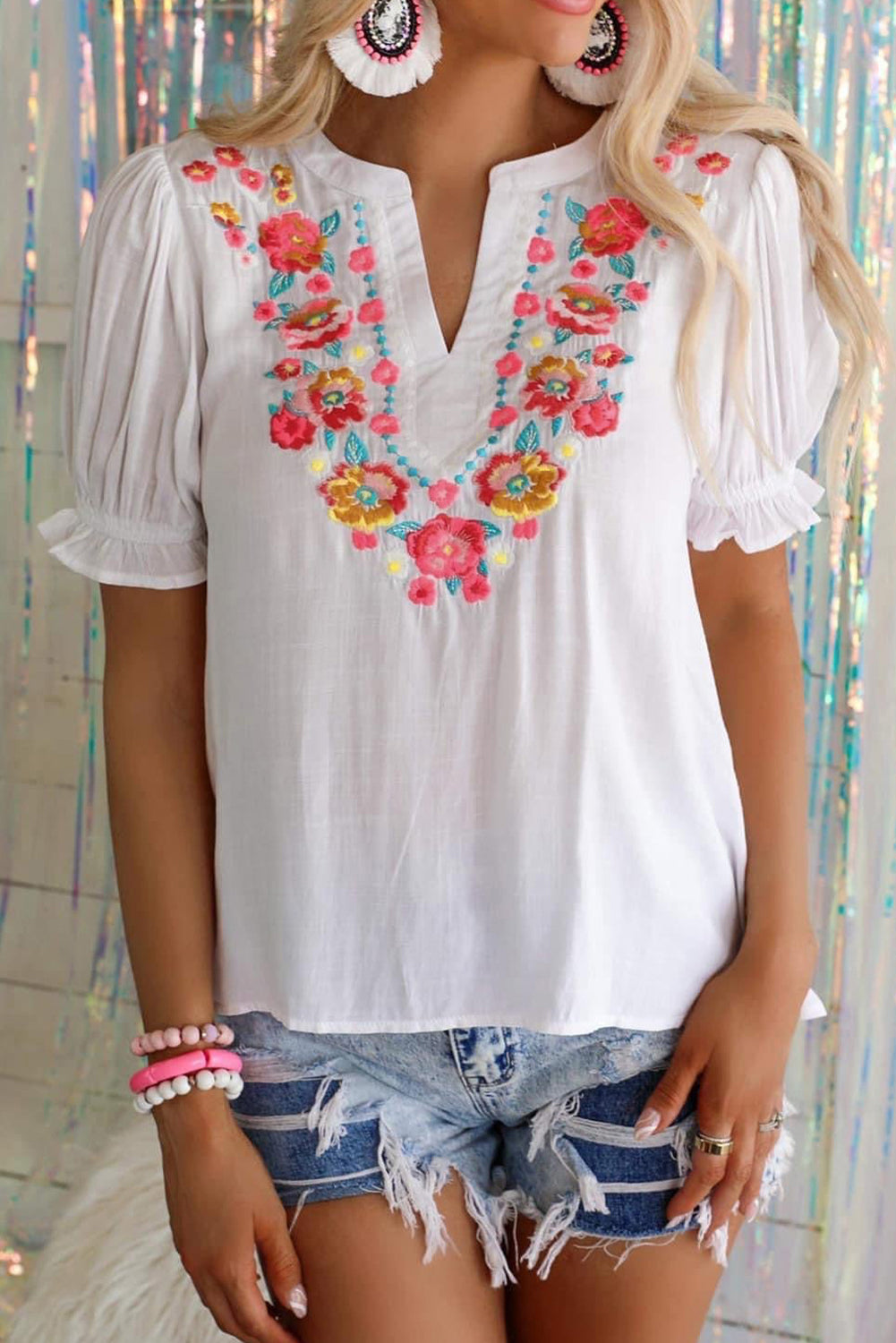 Floral Embroidered Ruffled Puff Sleeve Blouse