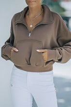 Load image into Gallery viewer, Zipped Turn Down Collar Cropped Sweatshirt with Pocket
