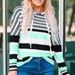 Green Striped Drawstring Long Sleeve Hoodie