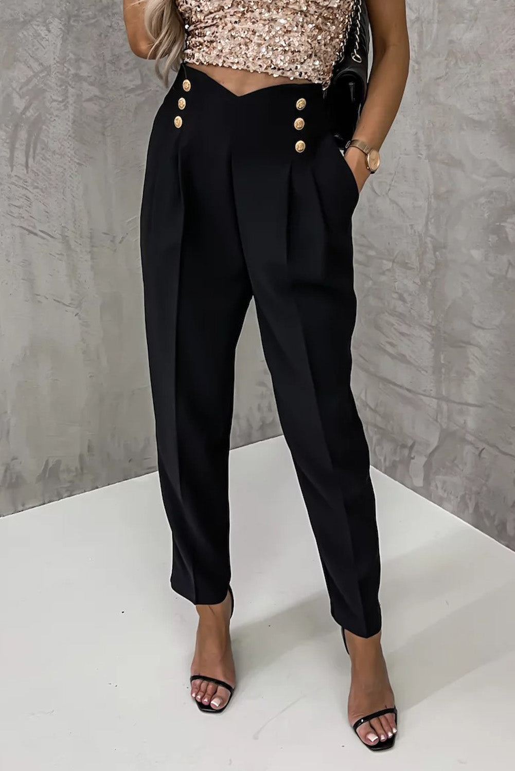 Double Breasted Pleated Casual Cropped Pants