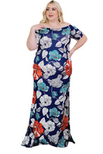 Load image into Gallery viewer, Green Off-the-shoulder Floral Print Plus size Maxi Dress
