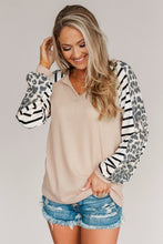 Load image into Gallery viewer, Animal Striped Sleeve Patchwork Waffle Knit Top
