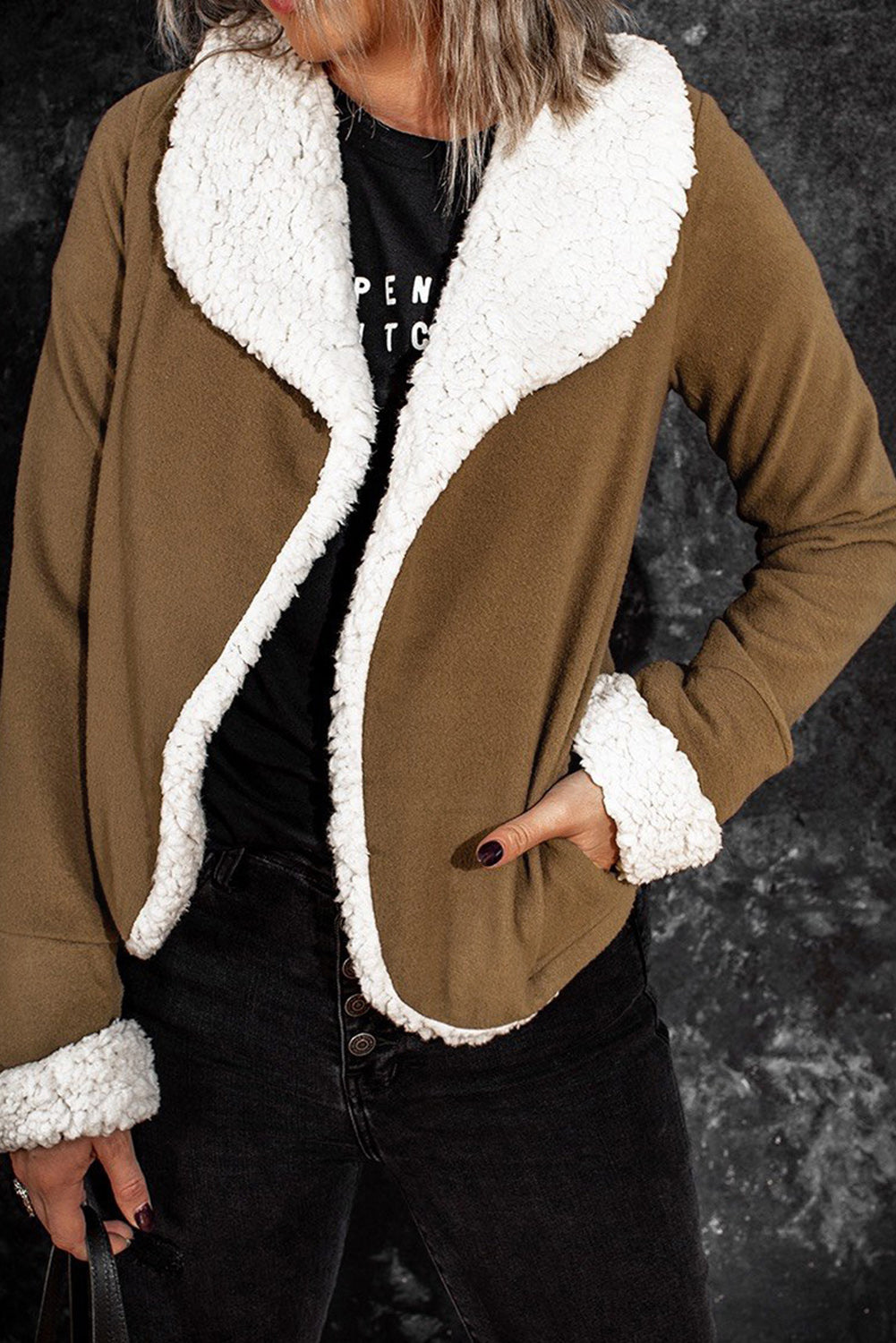 Lapel Collar Fleece Open Front Coat