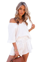 Load image into Gallery viewer, Relaxed V Neck Blouse and Drawstring Raw Hem Shorts Set
