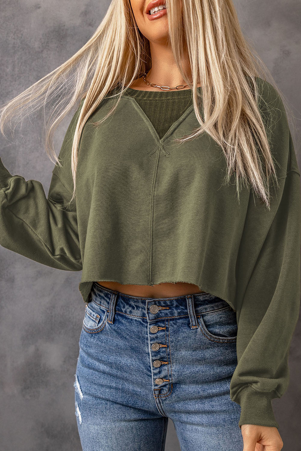 Green Drop Shoulder Cropped Sweatshirt