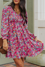 Load image into Gallery viewer, Smocked V Neck Puffy Sleeve Floral Dress
