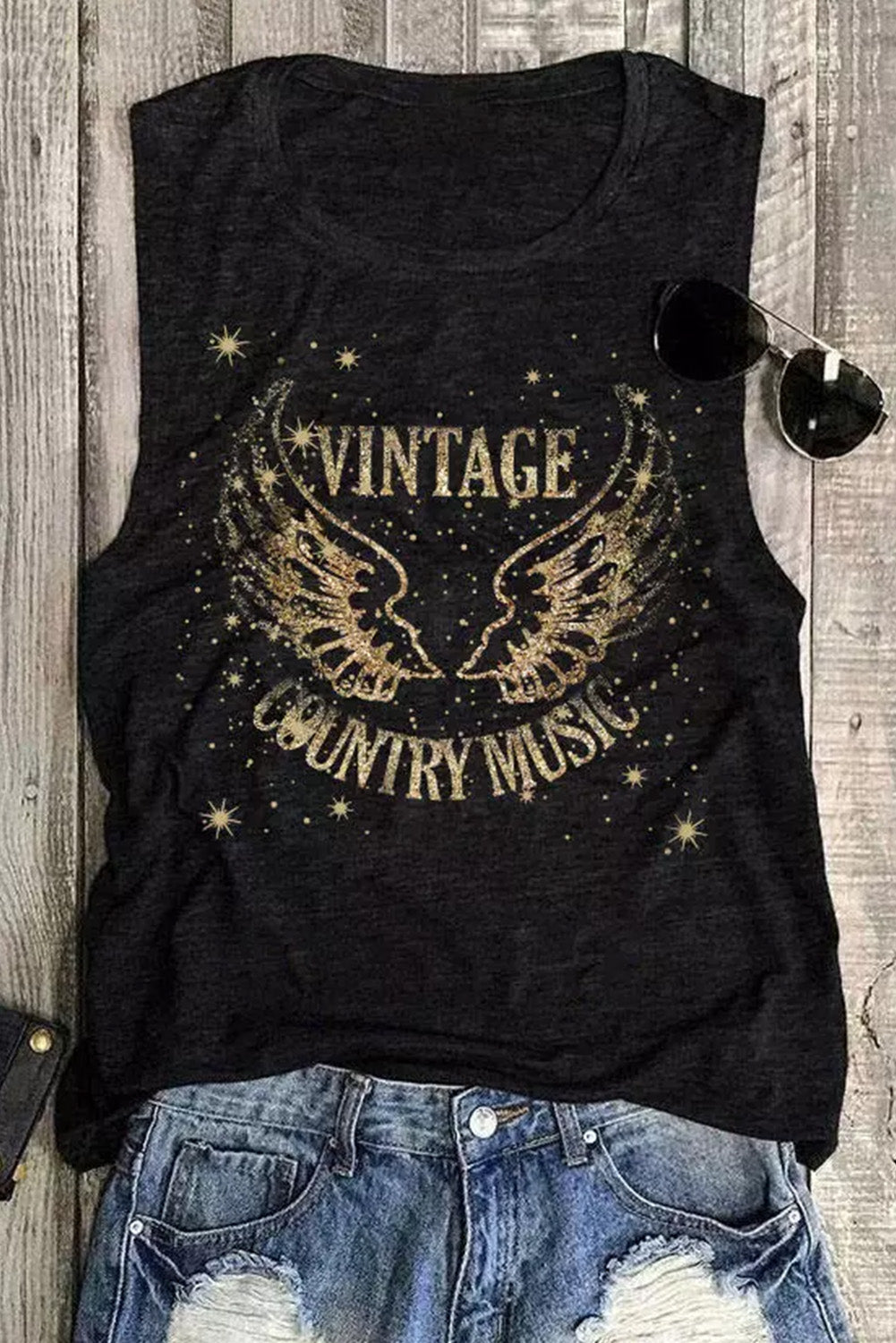 Vintage Country Music Wing Glitter Print Tank Top
