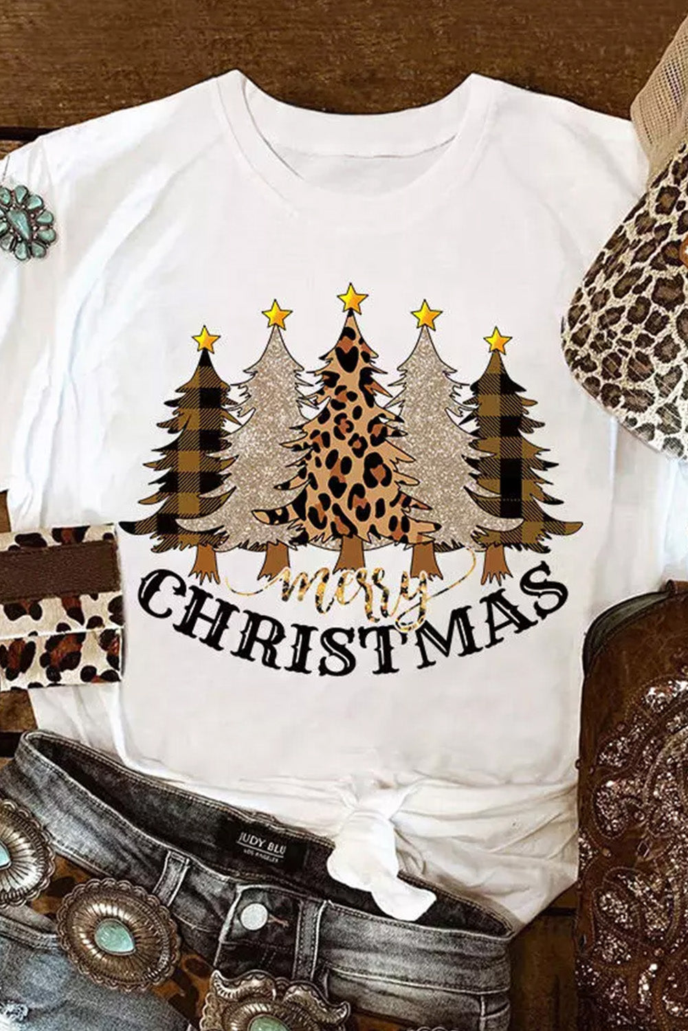 Merry Christmas Leopard Tree Print Short Sleeve T Shirt
