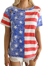 Load image into Gallery viewer, Stripe American Flag Print Distressed Crew Neck T Shirt
