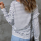 White Striped Print Ruffled Buttoned Long Sleeve Top