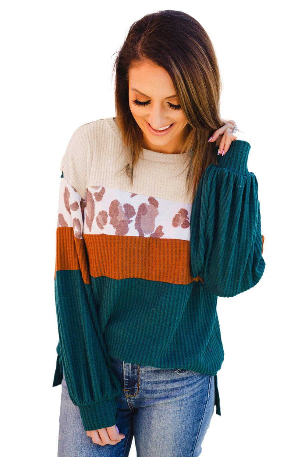 Green Leopard Color Block Waffle Knit Top
