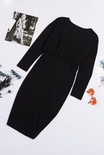 Load image into Gallery viewer, Black Crewneck Long Sleeve Shirred Split Bodycon Dress
