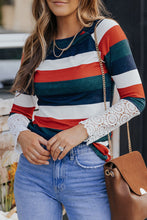 Load image into Gallery viewer, Green Striped Lace Splicing Long Sleeve Top
