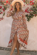 Load image into Gallery viewer, Multicolor Boho Floral Print Ruffle Trim Wrap Belted Dress
