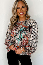 Load image into Gallery viewer, Black Black Mixed Floral Geometric Print Ruffled Long Sleeve Blouse
