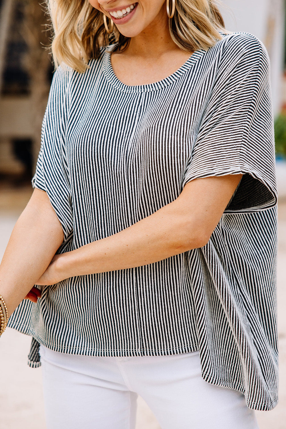 Ribbed Knit Round Neck Relaxed Tee