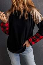 Load image into Gallery viewer, Crewneck Lantern Sleeve Plaid Sequin Splicing Pullover Sweatshirt
