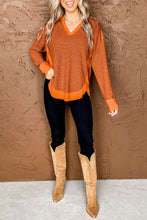 Load image into Gallery viewer, Waffle Knit Patchwork V Neck Long Sleeve Top
