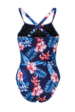 Load image into Gallery viewer, Floral Print Mesh Patchwork Criss Cross One-piece Swimsuit
