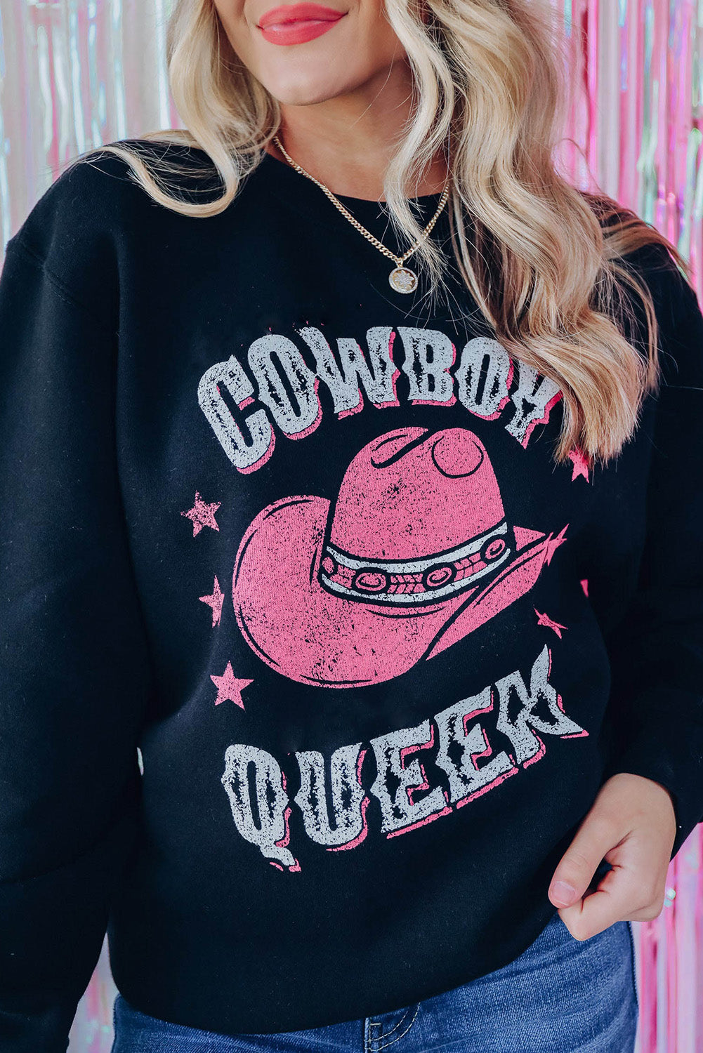 COWBOY QUEEN Hat Graphic Print Pullover Sweatshirt