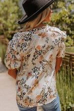 Load image into Gallery viewer, Leopard Floral Print Split Neck Puff Sleeve Blouse

