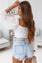 Load image into Gallery viewer, Drawstring Front Sheer Puff Sleeve Crop Top
