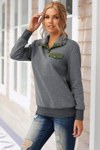 Load image into Gallery viewer, Dark Gray Quilted Snaps Stand Neck Sweatshirt with Fake Front Pocket
