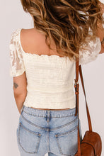 Load image into Gallery viewer, Beige Lace Mesh Crochet Patchwork Shirred Square Neck Blouse
