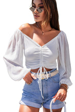 Load image into Gallery viewer, Drawstring Front Sheer Puff Sleeve Crop Top
