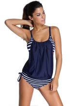 Load image into Gallery viewer, Navy Layered-Style Striped Tankini with Triangular Briefs
