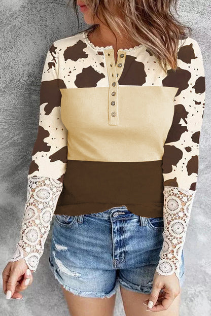 Apricot Cow Print Lace Cuff Long Sleeve Henley Top