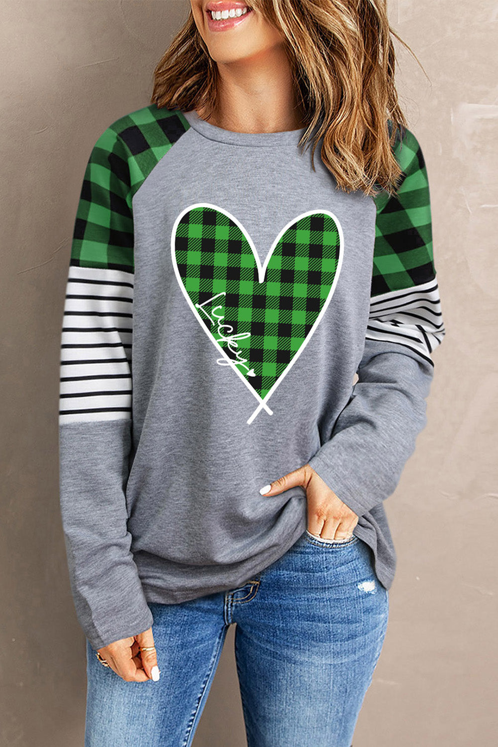 Lucky Plaid Heart Striped Color Block Long Sleeve Top