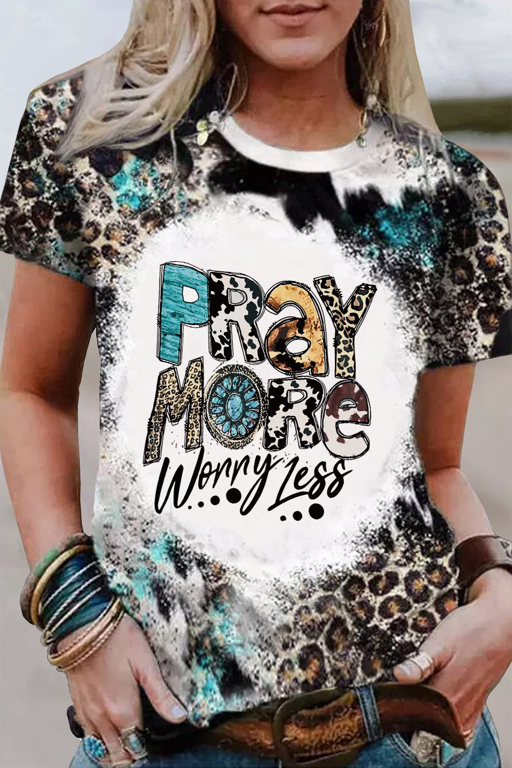 Pray More Graphic Western Fashion Bleached T-shirt