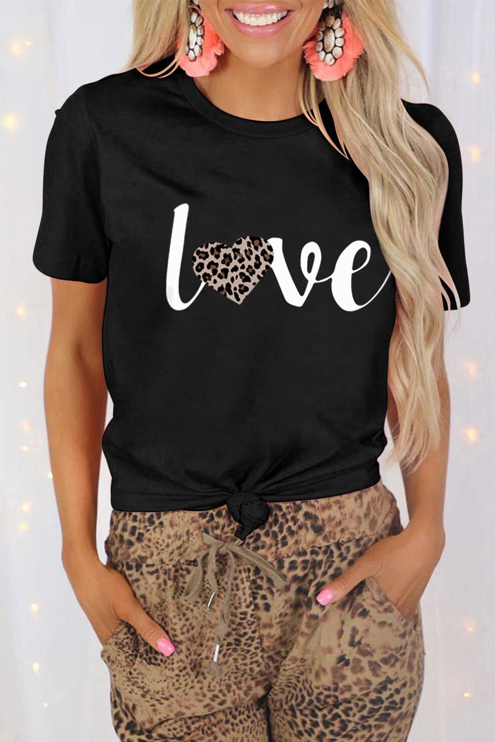 Love Leopard Heart Shape Print Short Sleeve T Shirt