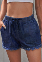 Load image into Gallery viewer, Dark Blue Casual Pocketed Frayed Denim Shorts
