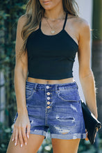 Load image into Gallery viewer, High Waist Button Fly Distressed Denim Shorts
