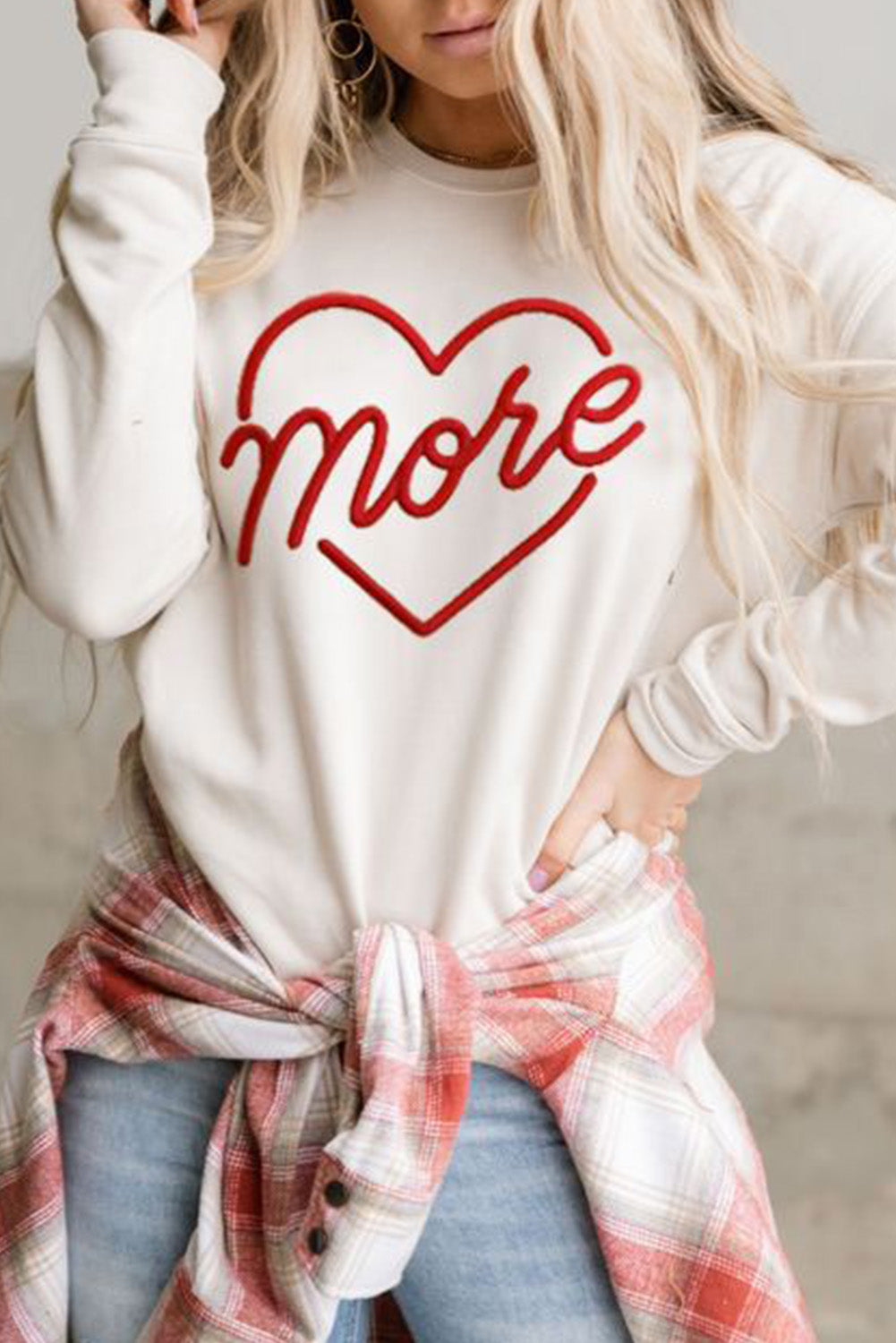 Beige More Heart Shaped Embroidered Pullover Sweatshirt