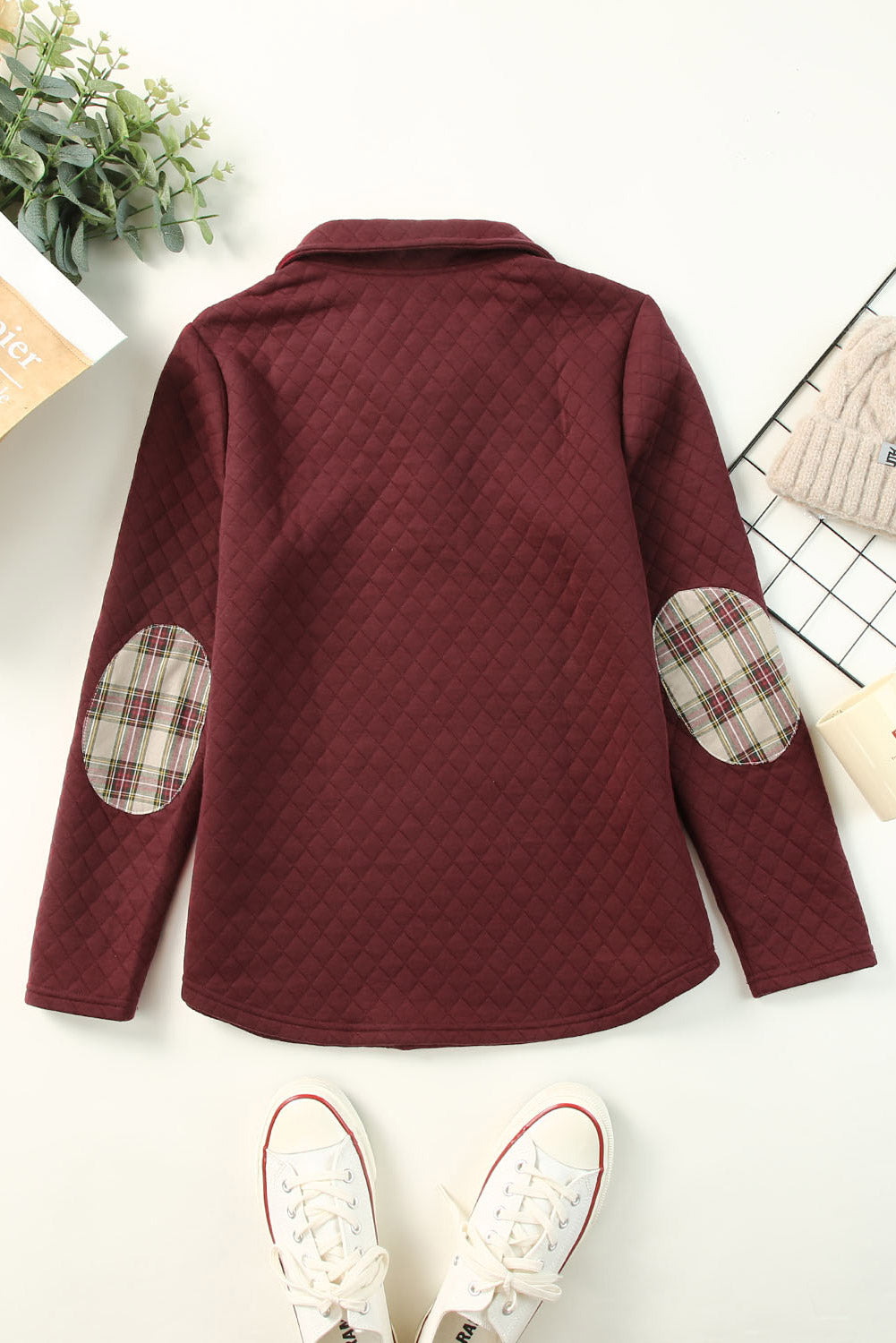 Red Geometric Texture Plaid Trim Sweatshirt
