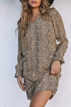 Load image into Gallery viewer, Khaki Leopard Frill Trim V Neck Dress
