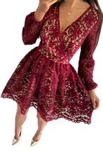 Load image into Gallery viewer, Wine Red V Neck Lace Skater Mini Dress
