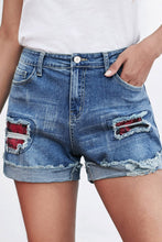 Load image into Gallery viewer, Plaid Patchwork Rolled Hem Denim Shorts
