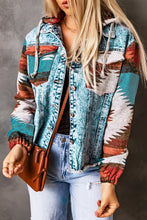 Load image into Gallery viewer, Multicolor Aztec Print Frayed Hem Denim Jacket
