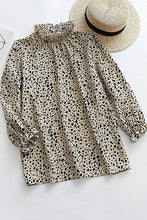 Load image into Gallery viewer, Khaki Frilled Neck 3/4 Sleeves Cheetah Blouse
