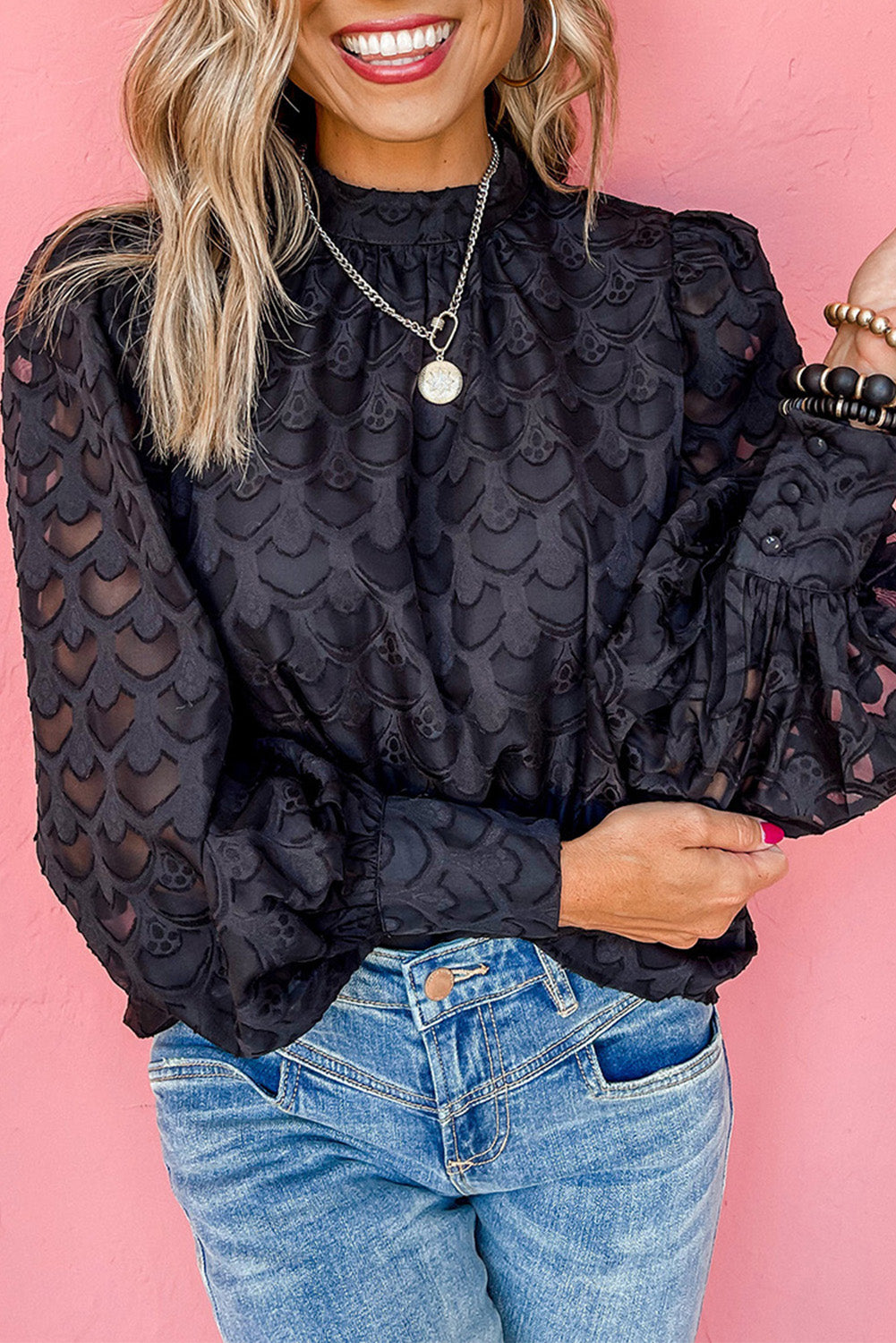 Lace-up Mock Neck Bubble Sleeves Blouse