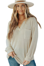 Load image into Gallery viewer, Beige Waffle Knit Split Neck Pocketed Loose Top
