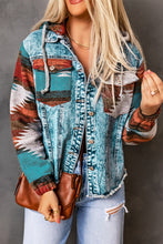 Load image into Gallery viewer, Multicolor Aztec Print Frayed Hem Denim Jacket
