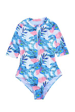 Load image into Gallery viewer, Blue Leaves Zip Front Half Sleeve One Piece Swimsuit
