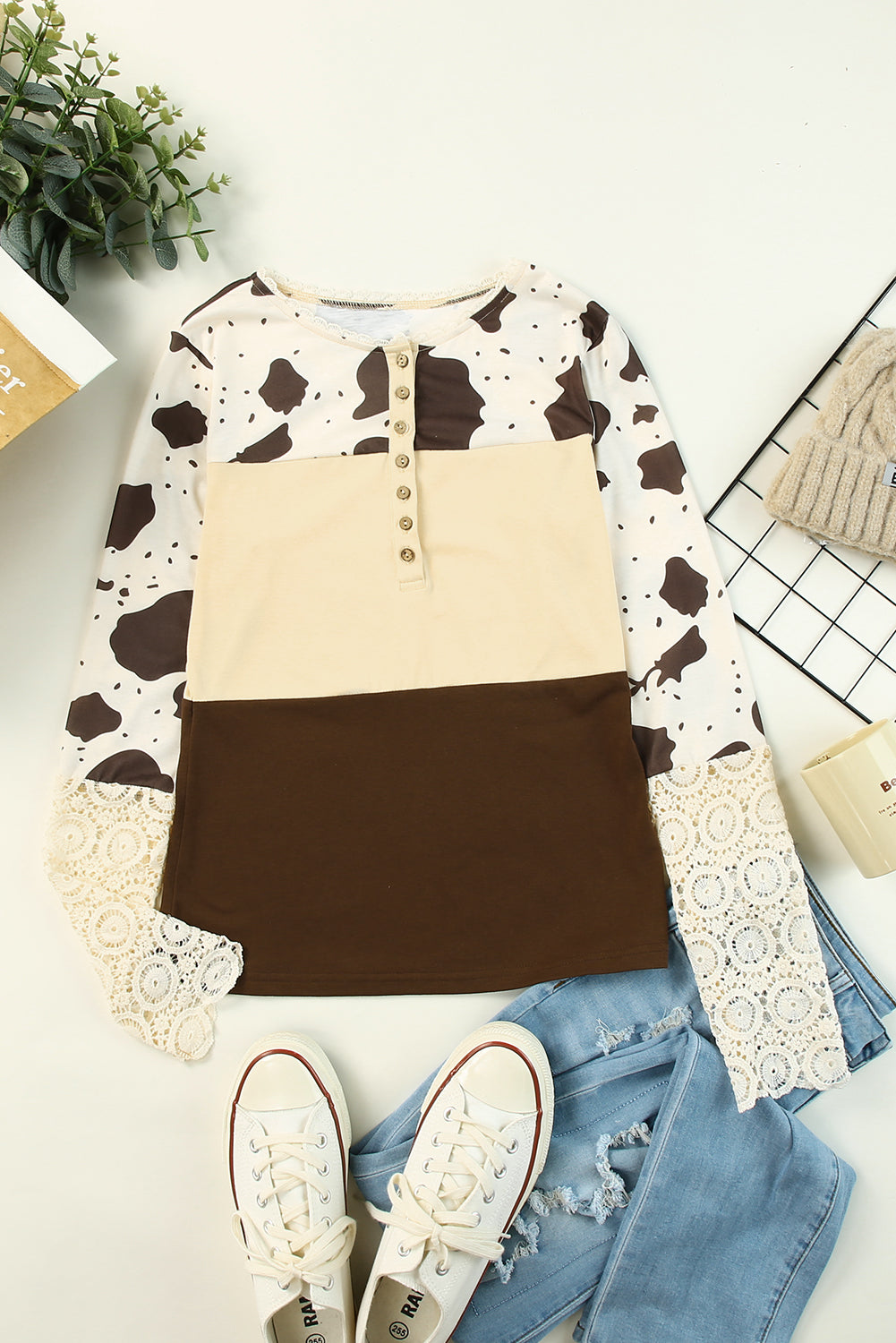 Apricot Cow Print Lace Cuff Long Sleeve Henley Top
